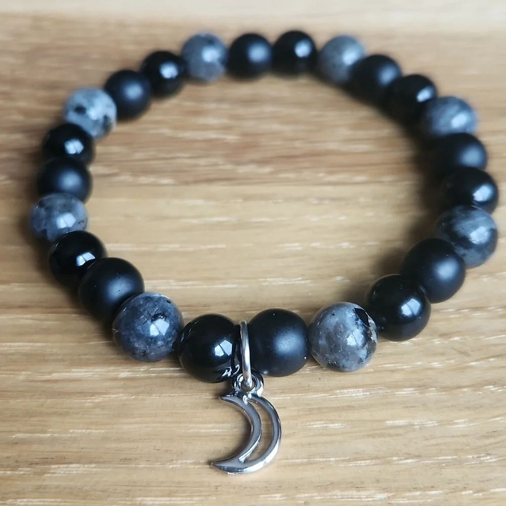 Gray Larvikite & Black Onyx Beaded Stretch Bracelet - Handmade